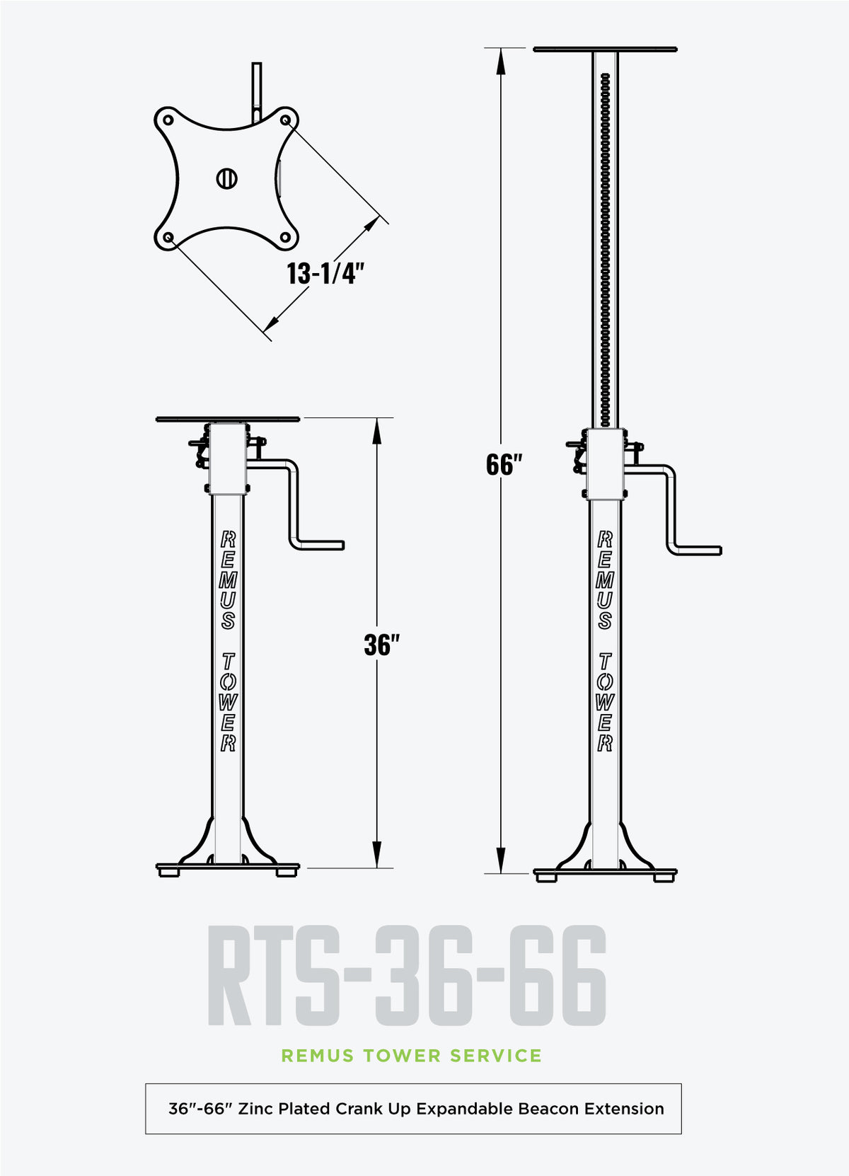 36&quot;-66&quot; Zinc Plated Crank Up Expandable Beacon Extension